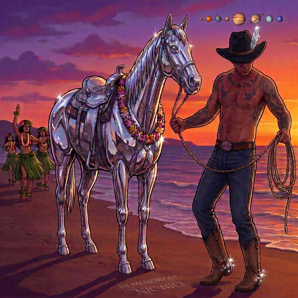 Tattooed cowboy leading a chrome horse on a sunset beach with hula dancers, in memory of Nic Nice