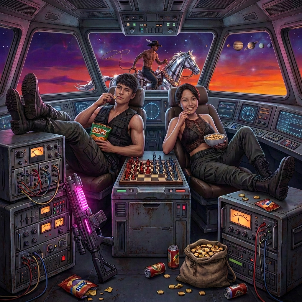 Two crew members lounging in a starship cockpit with chess, chips and a cowboy riding past the window