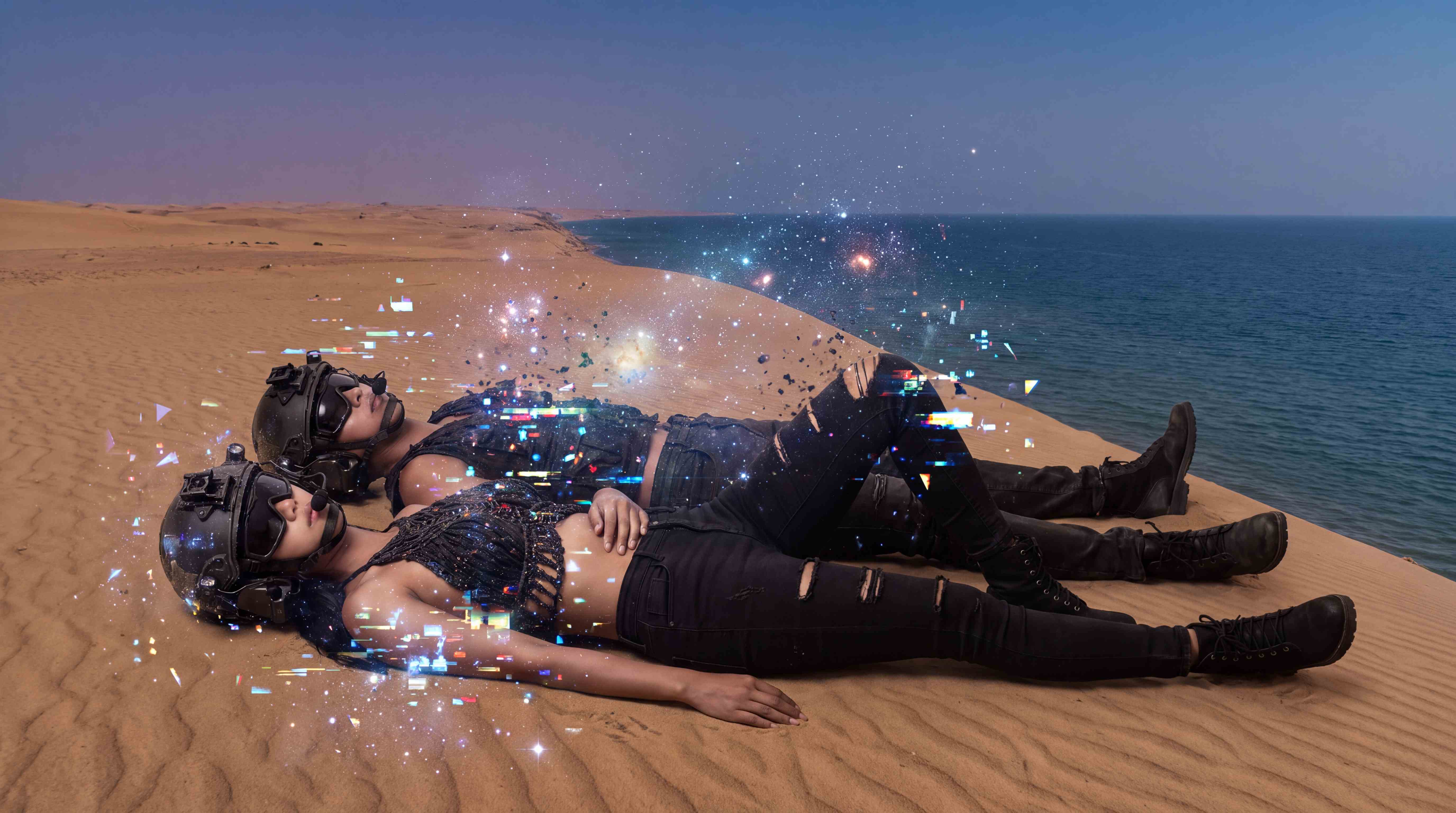 Two figures in tactical helmets lying on a desert dune by the sea as cosmic glitch particles rise from them