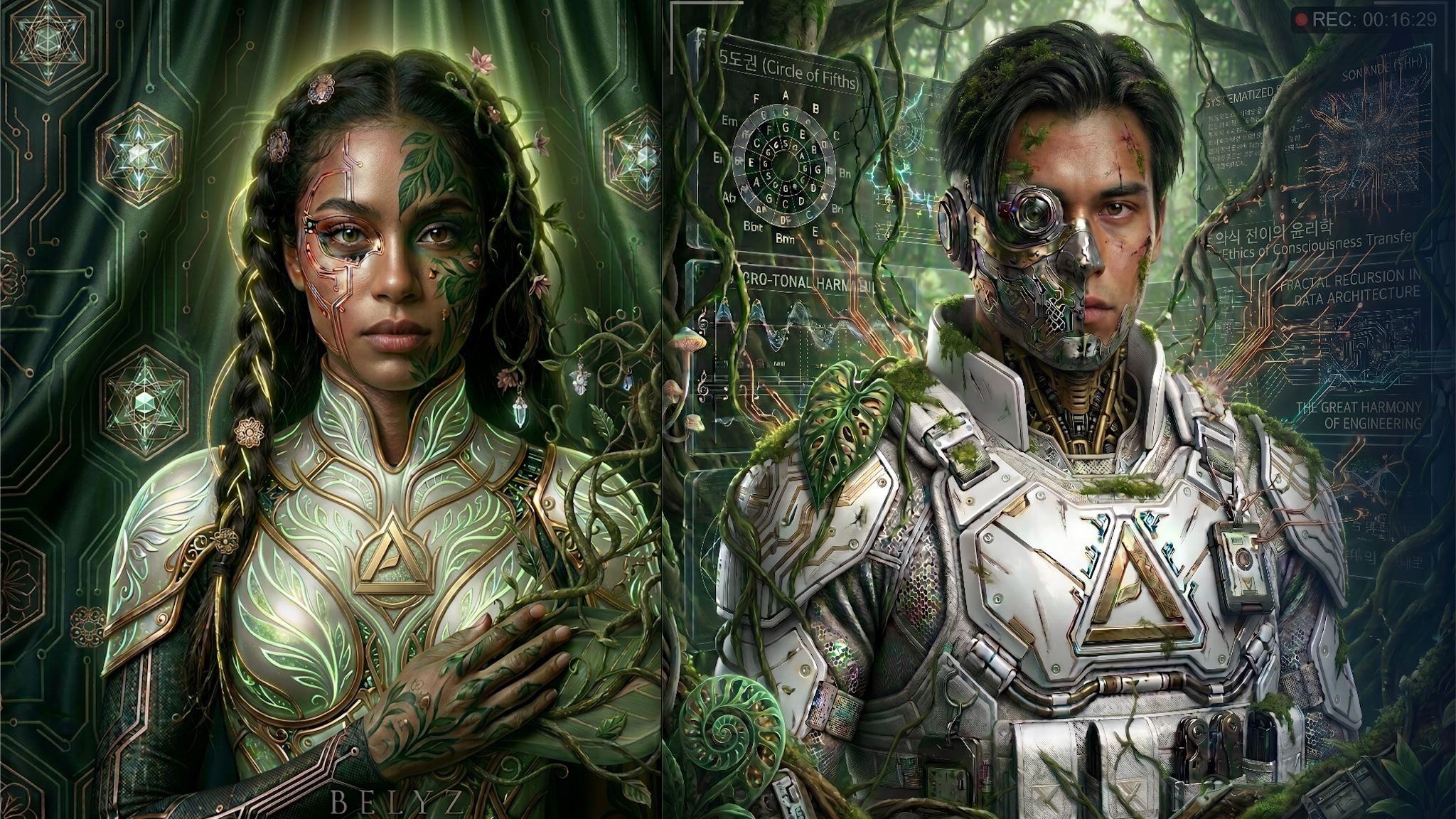 Split portrait of a woman with vine and circuit face markings and a man with a half-cyborg face in overgrown white armor