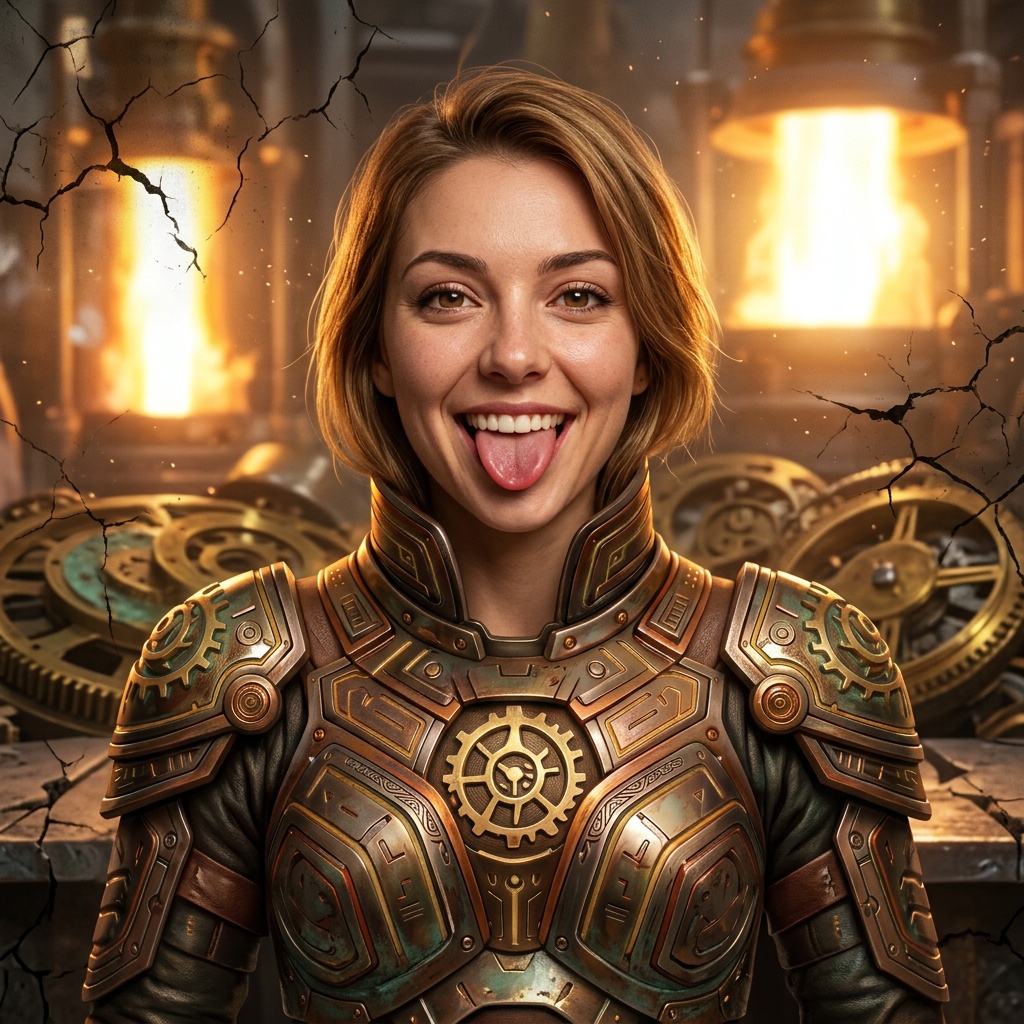Laughing woman in bronze gear armor in a glowing forge