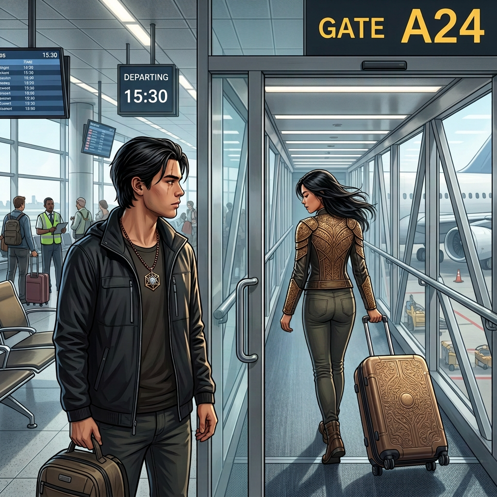 Illustrated airport gate A24, a man watching a woman walk down the jet bridge