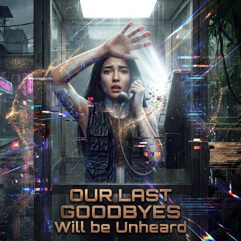 Distressed woman in a glitching phone booth, poster reading Our Last Goodbyes Will Be Unheard