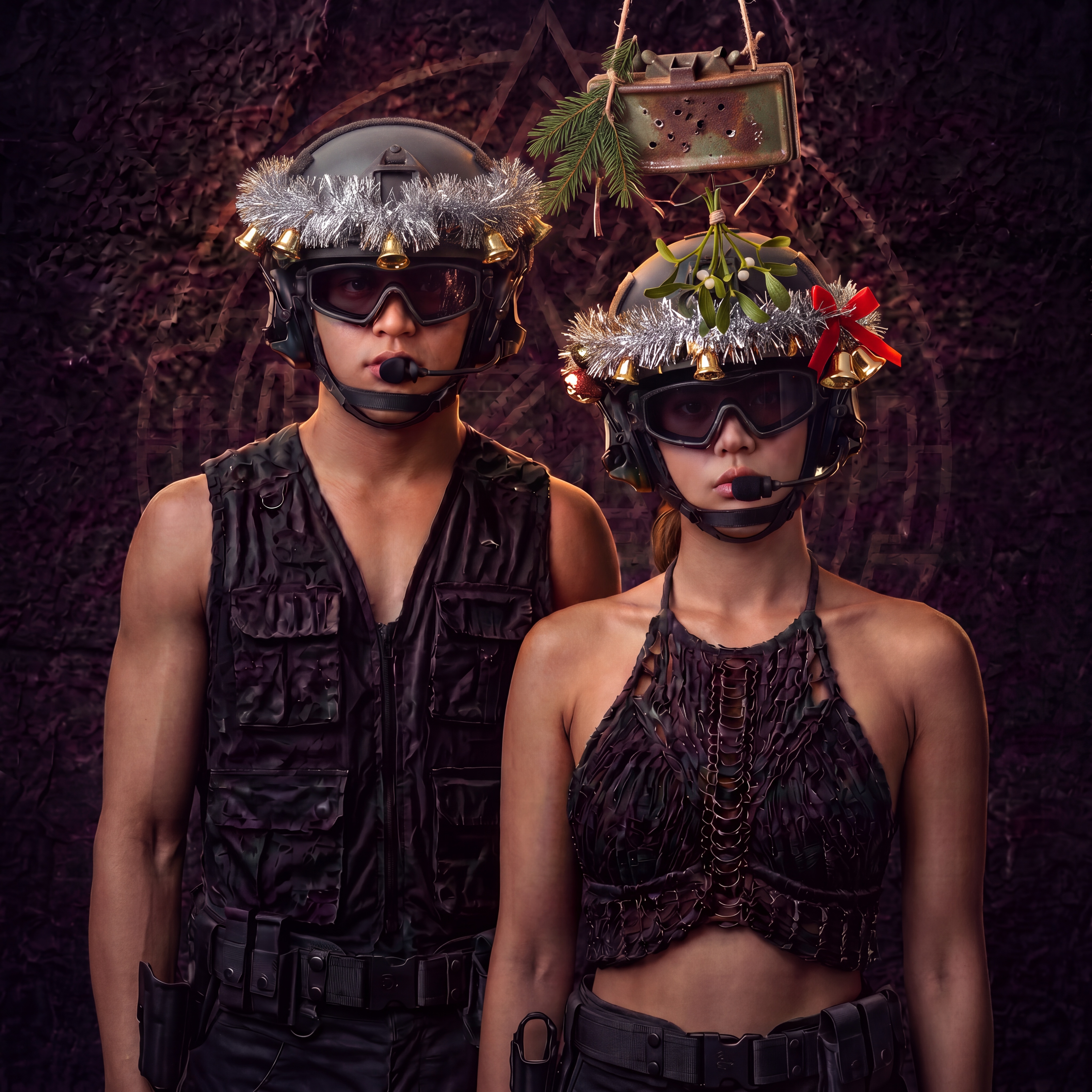 Two figures in tactical helmets with tinsel standing under mistletoe