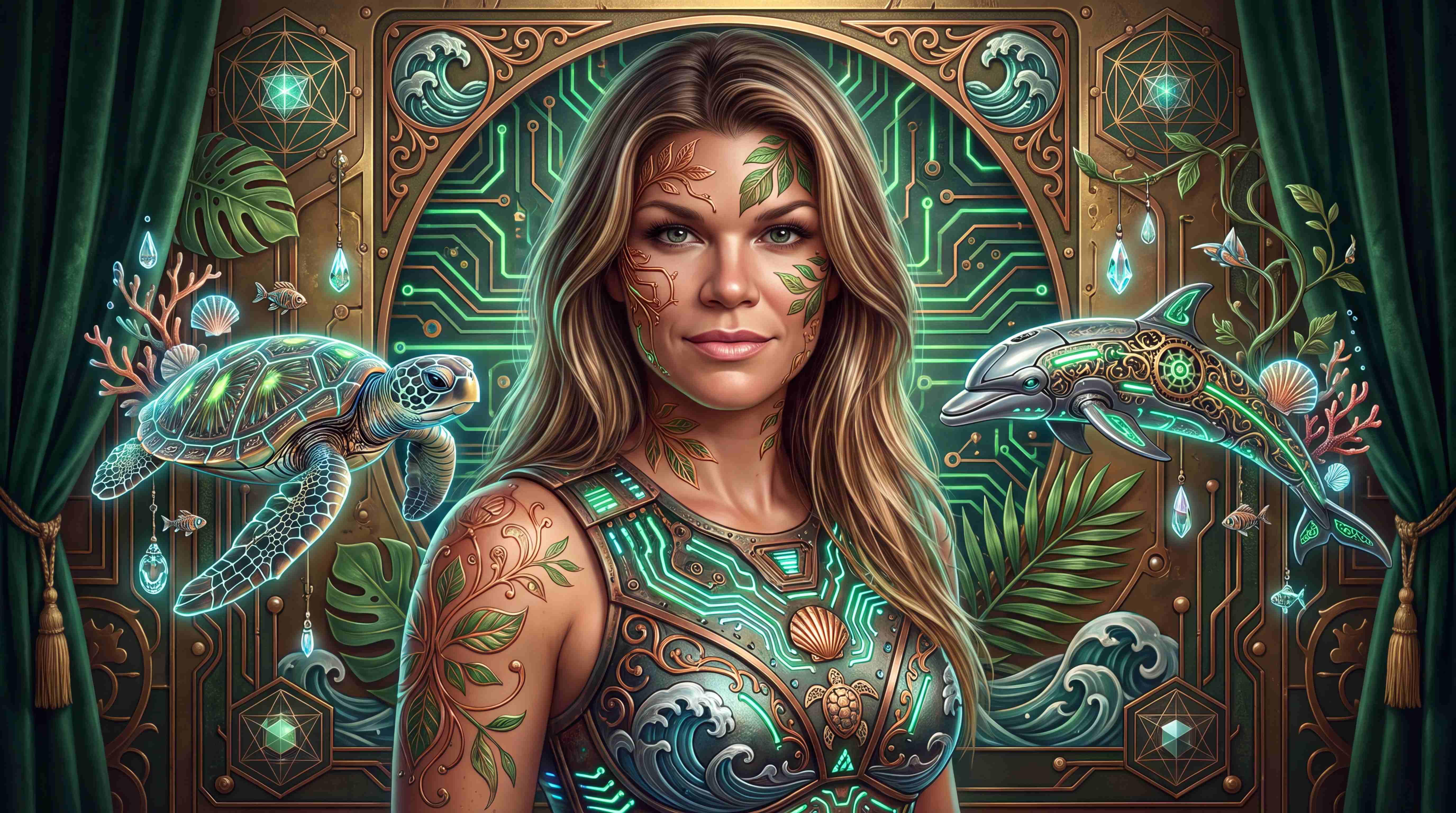 Woman with leaf tattoos framed by circuit art, a glowing turtle and a robotic dolphin