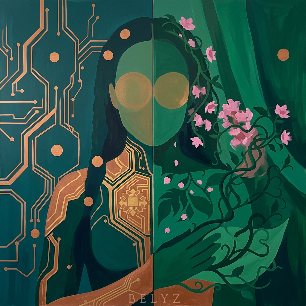 Painted diptych of a faceless woman, half copper circuitry and half green vines with pink blossoms