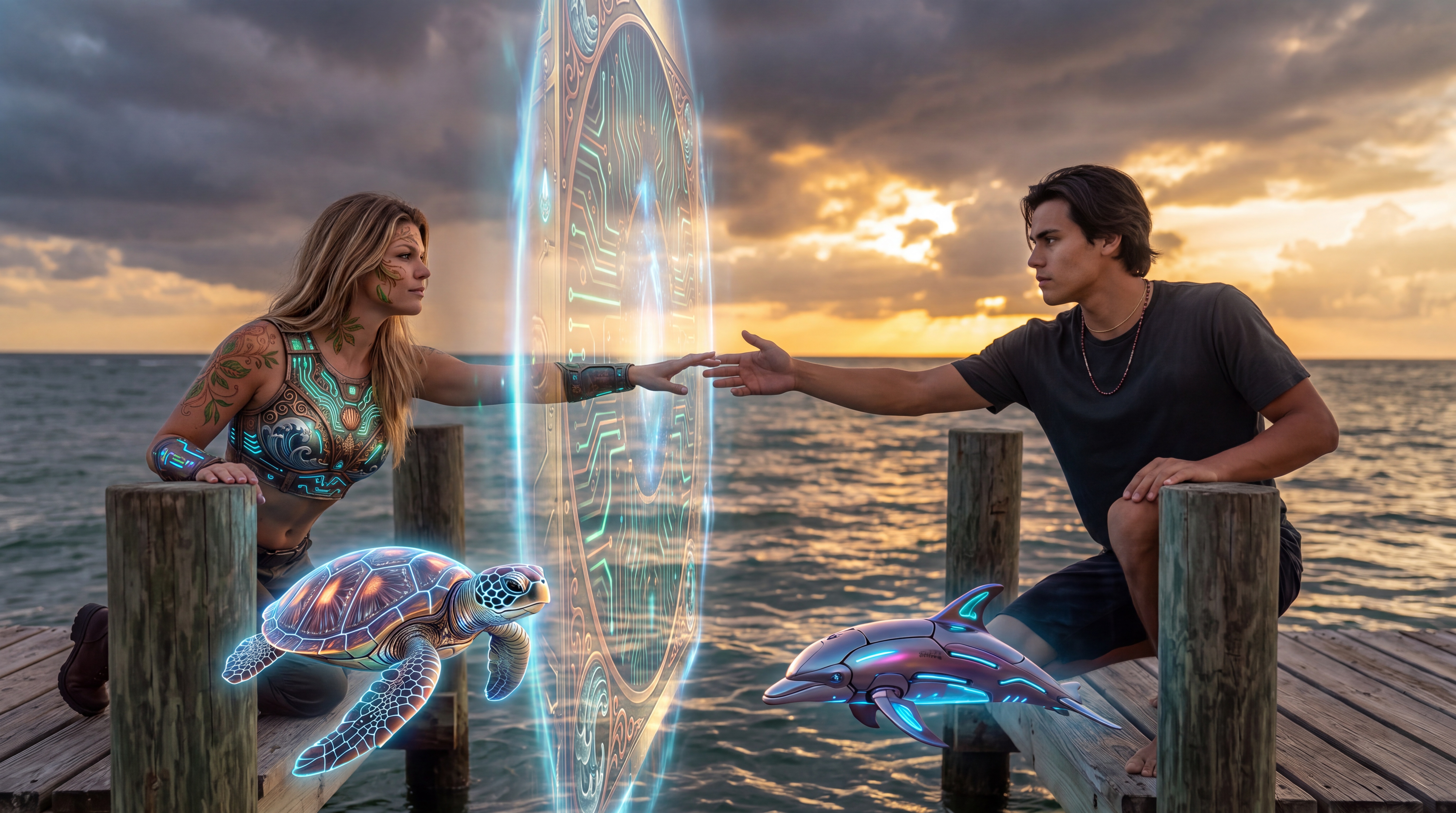 A woman and a man reach toward each other through a glowing portal on an ocean pier, with a glowing turtle and robotic dolphin