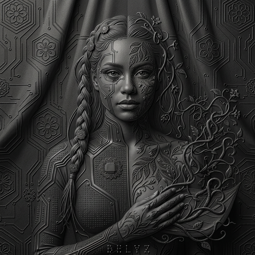 Monochrome embossed relief of the woman with circuit and vine markings holding a leaf