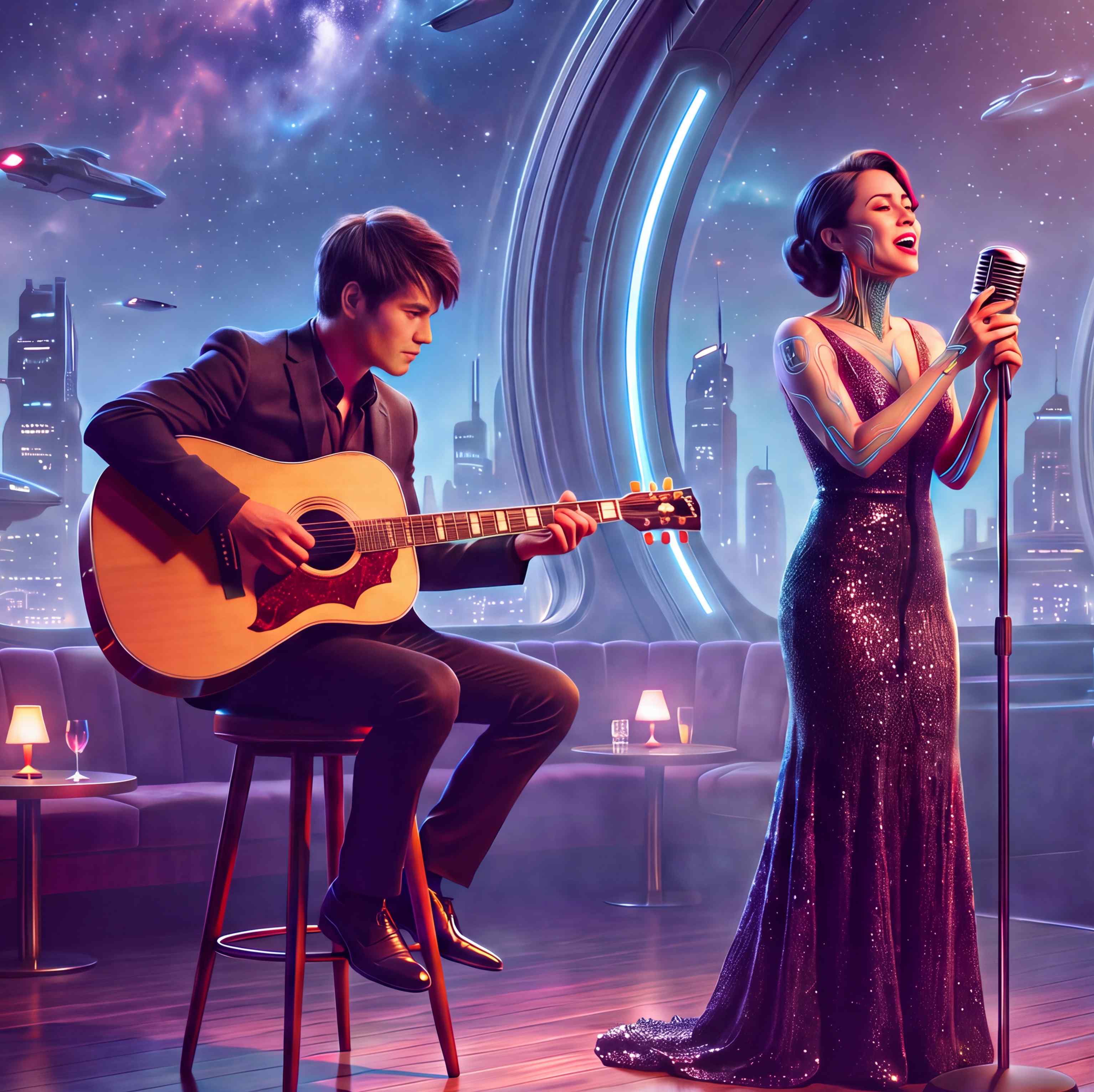Guitarist and singer in a sequined gown performing in a lounge above a futuristic city