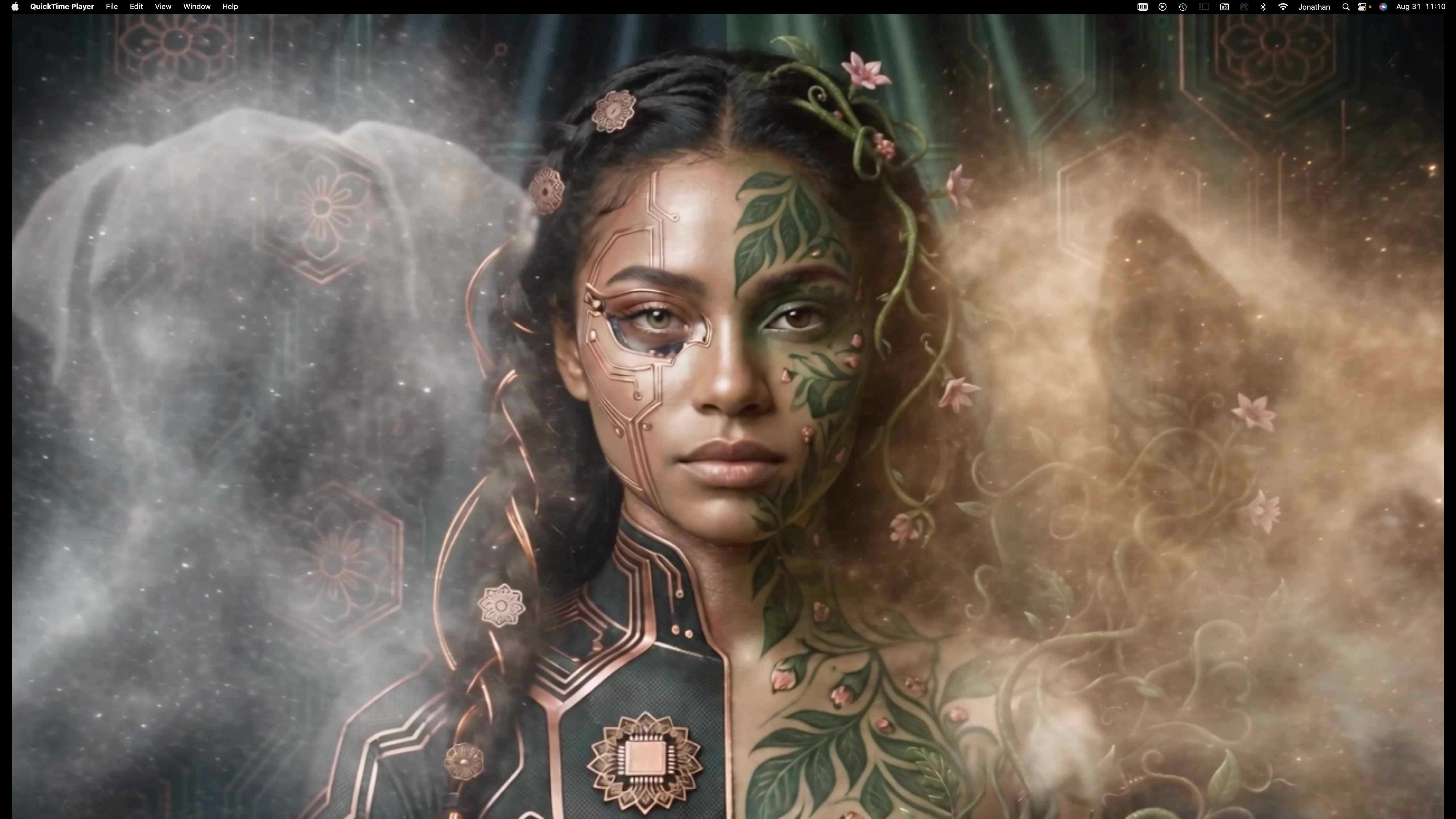 Close portrait of the woman with circuit and leaf face markings between a smoke elephant and a dust wolf