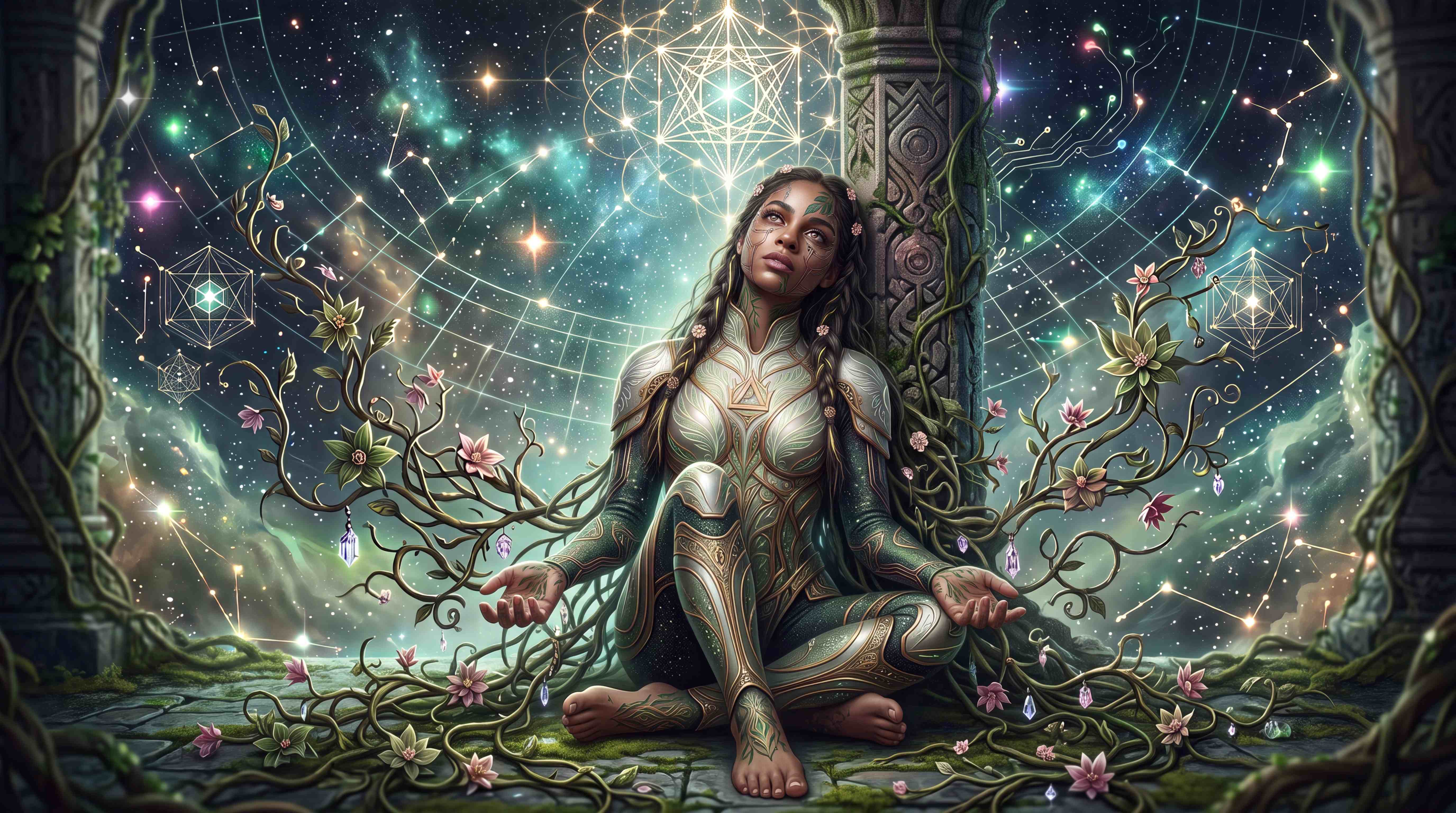 Woman in leaf armor sitting against a carved pillar beneath a cosmic sky of sacred geometry and blooming vines