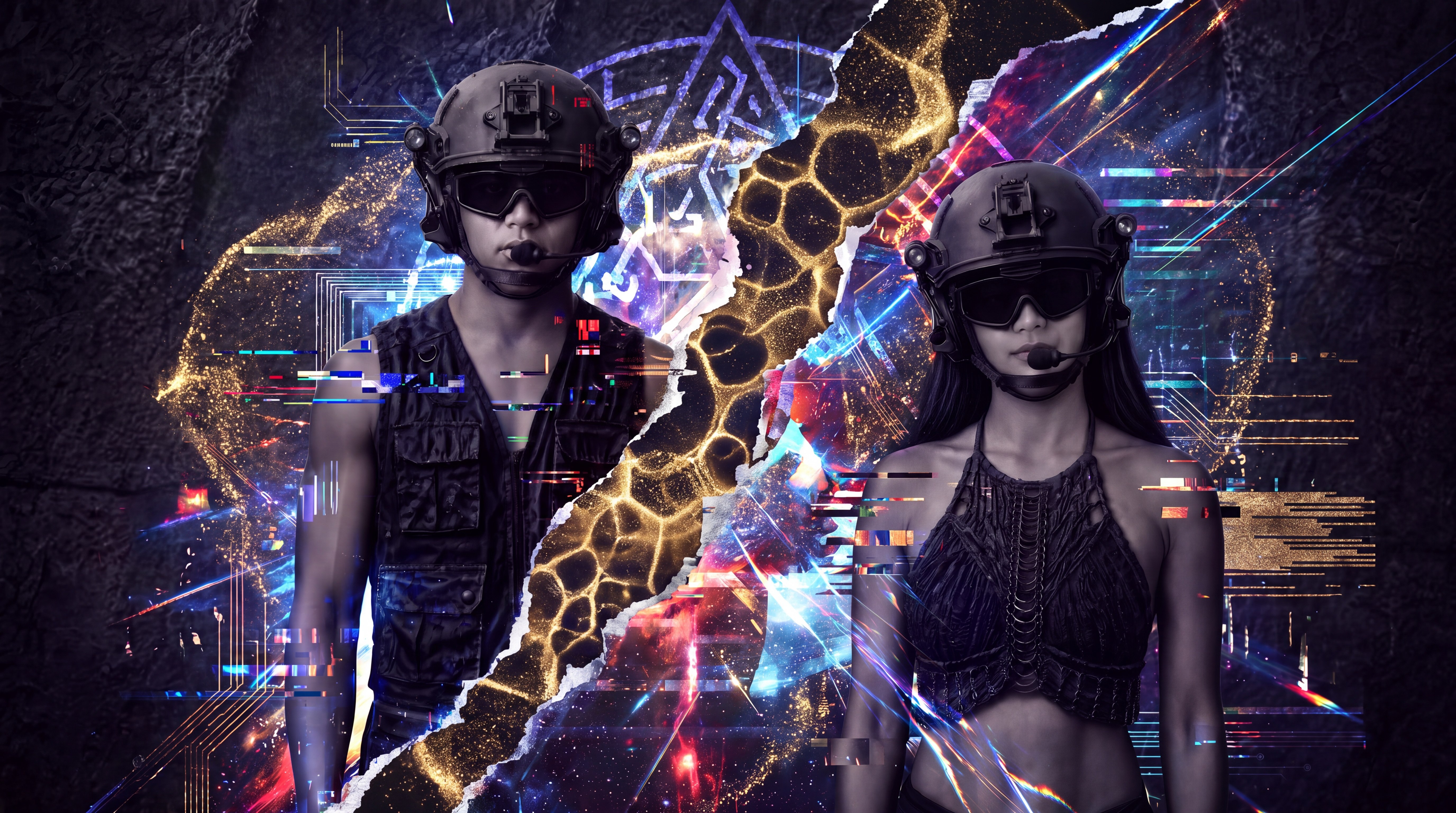 Two helmeted figures split by a torn gold and cosmic glitch collage