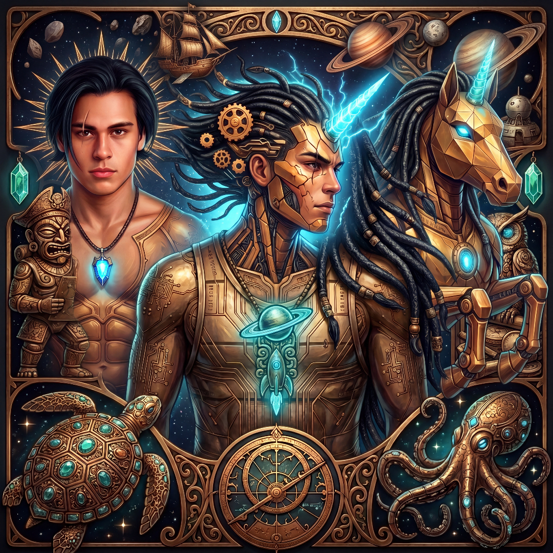 Ornate bronze artwork of two men and a mechanical unicorn with a turtle, octopus and astrolabe
