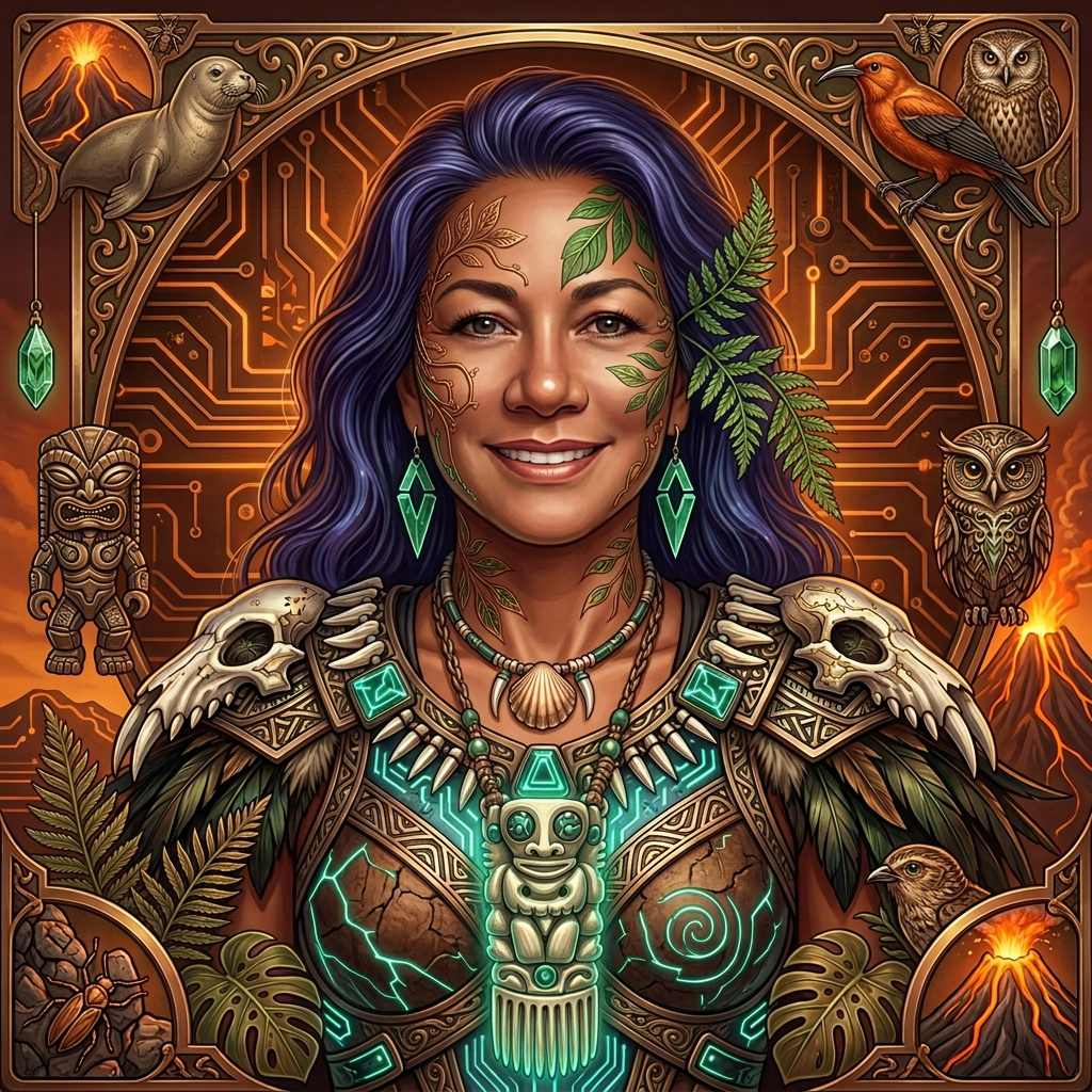 Purple-haired woman in bone and circuit armor surrounded by volcanoes, owls and tiki figures