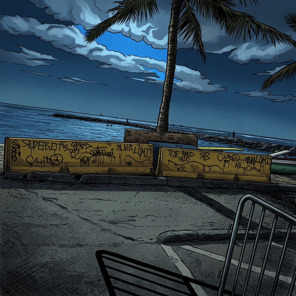 Comic-style night scene of graffiti barriers under a palm tree by the ocean