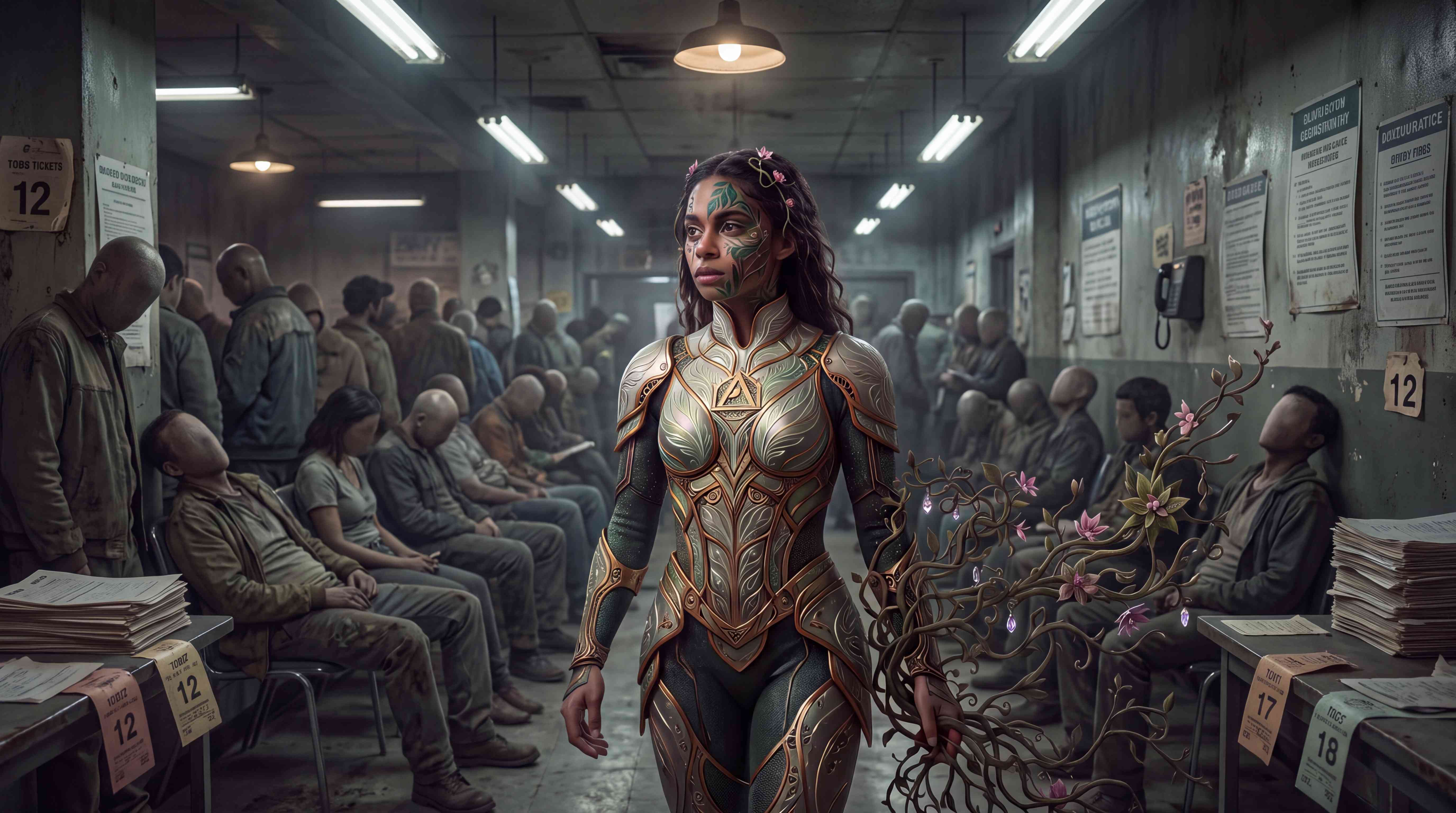 Woman in ornate leaf armor carrying a flowering vine through a crowded waiting room of faceless people
